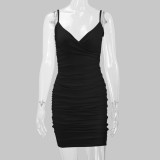 Solid Color Pleated Sling Mini Dress YMYF-8215