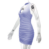Solid Color V Neck Halterneck Pleated Mini Dress YMYF-9232