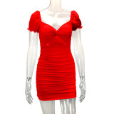 Hollow Out Pleated Bubble Sleeve Mini Dress YMYF-9221