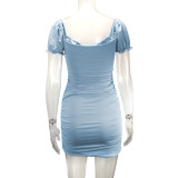 Hollow Out Pleated Bubble Sleeve Mini Dress YMYF-9221