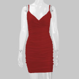 Solid Color Pleated Sling Mini Dress YMYF-8215