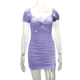 Hollow Out Pleated Bubble Sleeve Mini Dress YMYF-9221