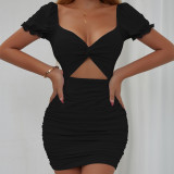 Hollow Out Pleated Bubble Sleeve Mini Dress YMYF-9221