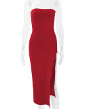 Solid Color Wrap Chest Split Long Dress YMYF-0901