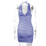 Solid Color V Neck Halterneck Pleated Mini Dress YMYF-9232