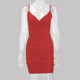 Solid Color Pleated Sling Mini Dress YMYF-8215