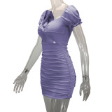 Hollow Out Pleated Bubble Sleeve Mini Dress YMYF-9221