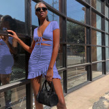 Deep V Neck Tie Up Ruffles Two Piece Skirts Set YMYF-0876