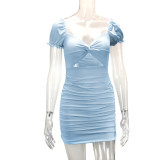 Hollow Out Pleated Bubble Sleeve Mini Dress YMYF-9221
