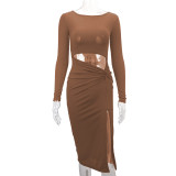 Long Sleeve Hollow Out Split Midi Dress YMYF-9301