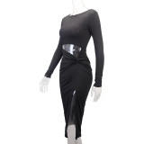 Long Sleeve Hollow Out Split Midi Dress YMYF-9301