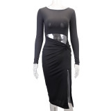 Long Sleeve Hollow Out Split Midi Dress YMYF-9301