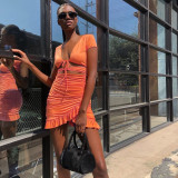 Deep V Neck Tie Up Ruffles Two Piece Skirts Set YMYF-0876