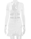 Deep V Neck Tie Up Ruffles Two Piece Skirts Set YMYF-0876