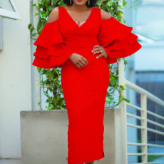 Plus Size V Neck Flare Sleeve Long Dress GCZF-8455