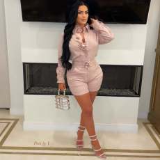 Solid Floral Long Sleeve Shirt Shorts Two Piece Set GDIM-2502