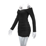 One Shoulder Long Sleeve Pleated Mini Dress YMYF-9213