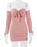 One Shoulder Tie Up Pleated Mini Dress YMYF-0891