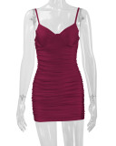 Sexy Solid Color Pleated Sling Mini Dress YMYF-8218