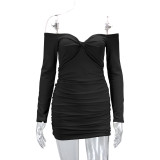 One Shoulder Long Sleeve Pleated Mini Dress YMYF-9213