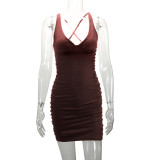 Sexy Backless V Neck Pleated Mini Dress YMYF-8212