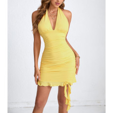 Sexy Halterneck Pleated Ruffles Mini Dress YMYF-9315