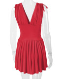 Sleeveless Deep V Neck Pleated Mini Dress YMYF-8219