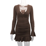 V Neck Ruffles Sleeve Pleated Mini Dress YMYF-9267