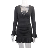 V Neck Ruffles Sleeve Pleated Mini Dress YMYF-9267
