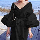 Sexy Tie Up Bubble Sleeve V-Neck Blouse GCZF-8620
