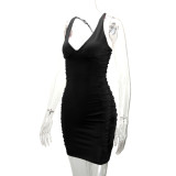 Sexy Backless V Neck Pleated Mini Dress YMYF-8212