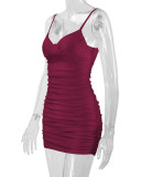 Sexy Solid Color Pleated Sling Mini Dress YMYF-8218