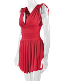 Sleeveless Deep V Neck Pleated Mini Dress YMYF-8219
