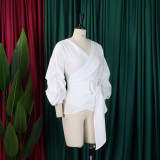 Sexy Tie Up Bubble Sleeve V-Neck Blouse GCZF-8620