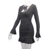 V Neck Ruffles Sleeve Pleated Mini Dress YMYF-9267