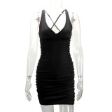 Sexy Backless V Neck Pleated Mini Dress YMYF-8212