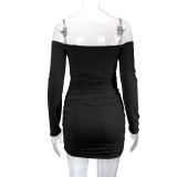 One Shoulder Long Sleeve Pleated Mini Dress YMYF-9213