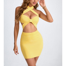 Hollow Out Solid Color Halterneck Mini Dress YMYF-9320
