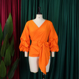 Sexy Tie Up Bubble Sleeve V-Neck Blouse GCZF-8620