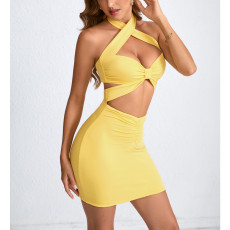 Hollow Out Solid Color Halterneck Mini Dress YMYF-9320