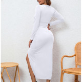 Long Sleeve V Neck Split Midi Dress YMYF-9311