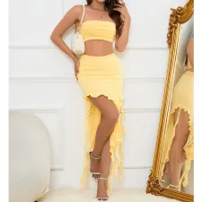 One Shoudler Wrap Chest Two Piece Skirt Set YMYF-9306