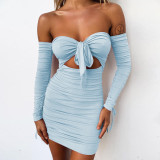 One Shoulder Tie Up Pleated Mini Dress YMYF-0891