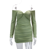 One Shoulder Long Sleeve Pleated Mini Dress YMYF-9213