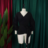 Sexy Tie Up Bubble Sleeve V-Neck Blouse GCZF-8620