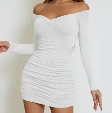 One Shoulder Long Sleeve Pleated Mini Dress YMYF-9213