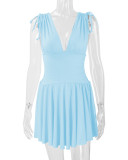Sleeveless Deep V Neck Pleated Mini Dress YMYF-8219