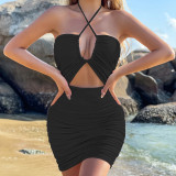 Solid Color Cross Tie Up Sexy Mini Dress YMYF-9248