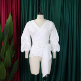 Sexy Tie Up Bubble Sleeve V-Neck Blouse GCZF-8620