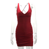 Sexy Backless V Neck Pleated Mini Dress YMYF-8212